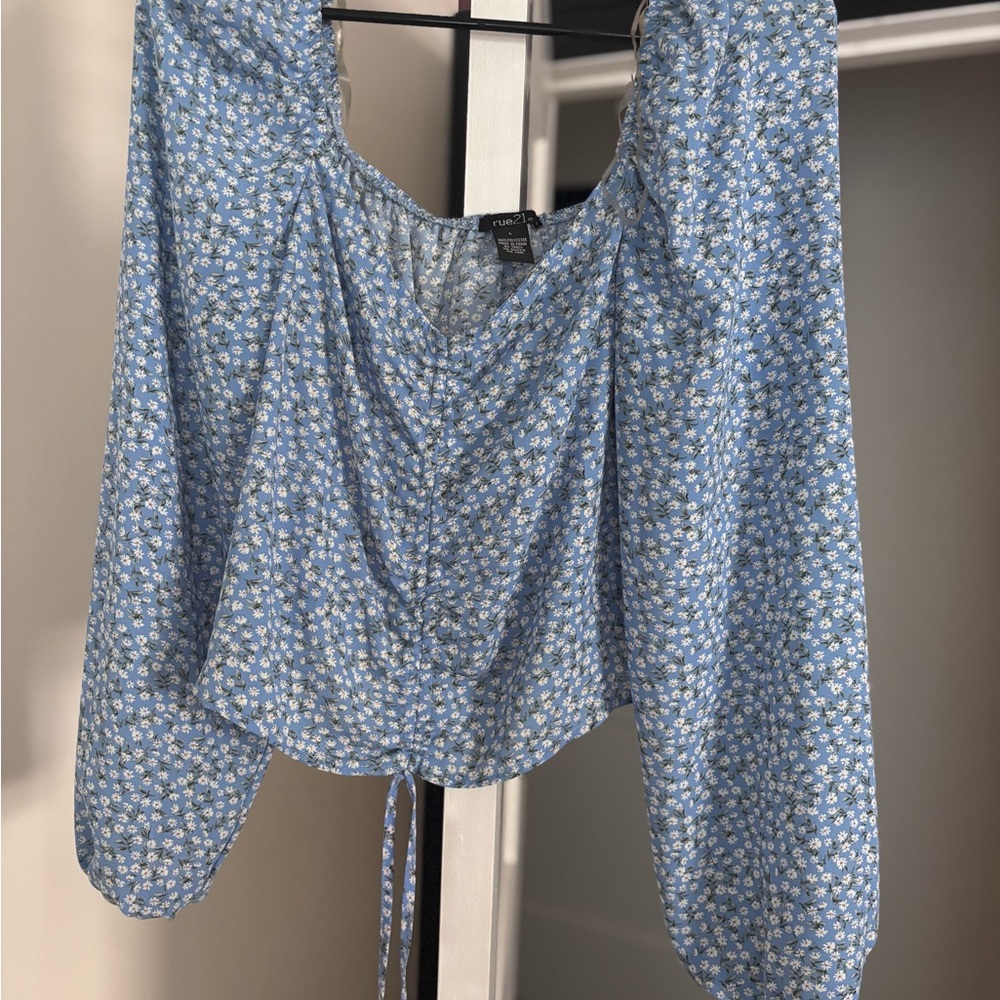 Rue 21 Blue Ruched Tie Front Blouse